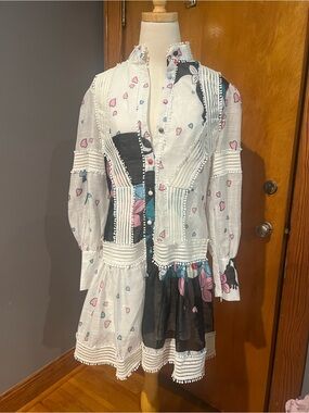 Beulah White Mini Dress with Pink & Blue Heart Print